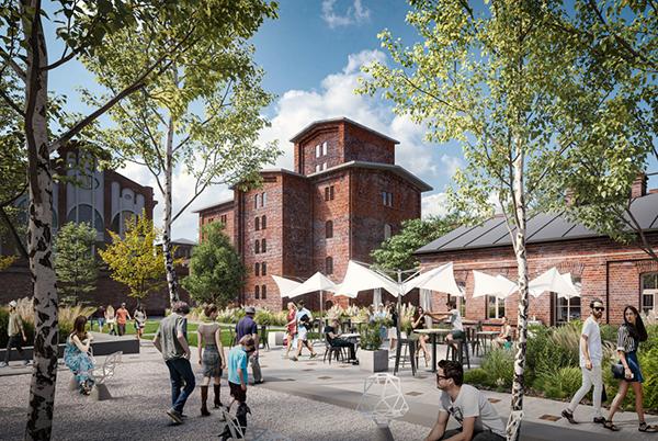 Zielony dziedziniec w dawnej fabryce