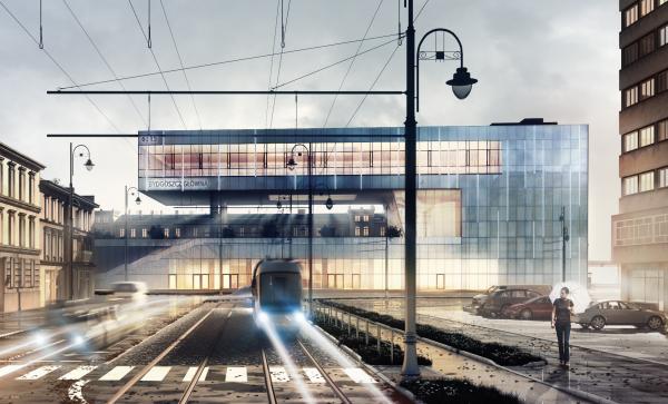 Zawieszenie wiechy na budowie dworca Bydgoszcz Główna